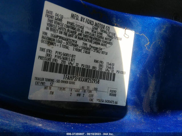 2010 FORD FOCUS SE VIN: 1FAHP3FNXAW252958