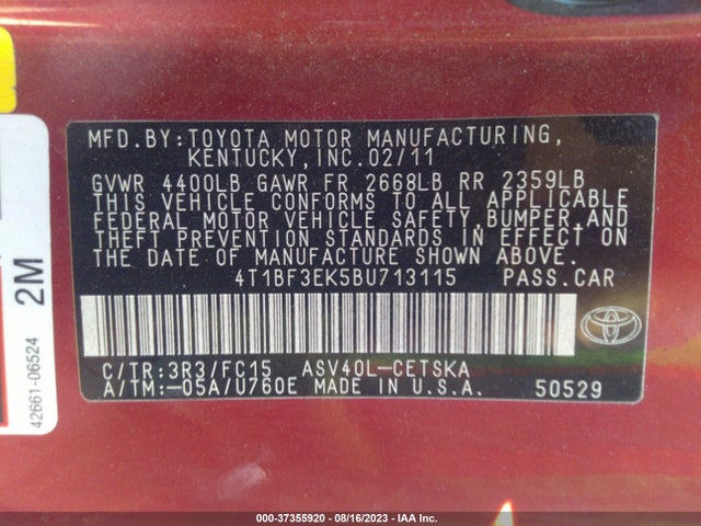 2011 TOYOTA CAMRY VIN: 4T1BF3EK5BU713115