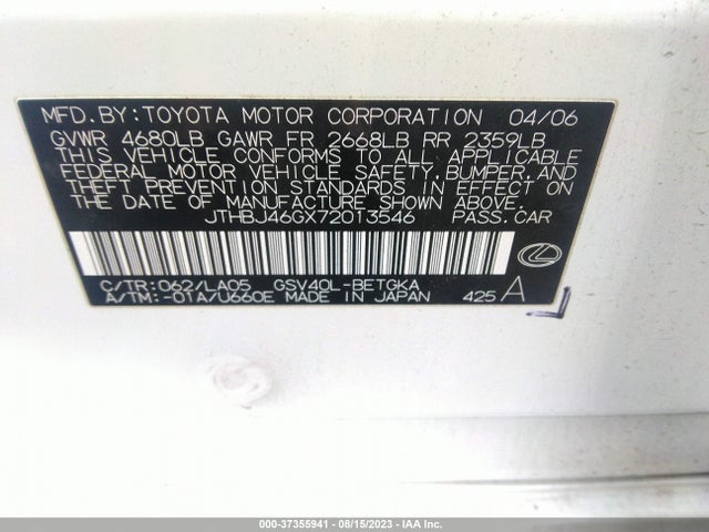 2007 LEXUS ES 350 VIN: JTHBJ46GX72013546