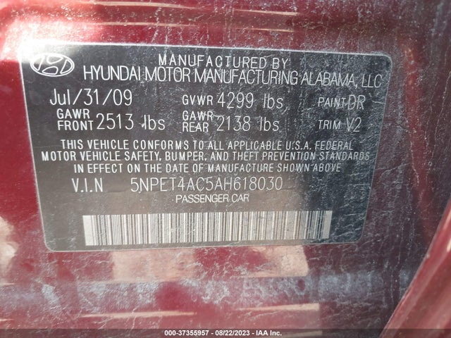 2010 HYUNDAI SONATA GLS PZEV VIN: 5NPET4AC5AH618030