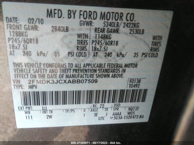 2010 FORD EDGE SEL VIN: 2FMDK3JCXABB07509