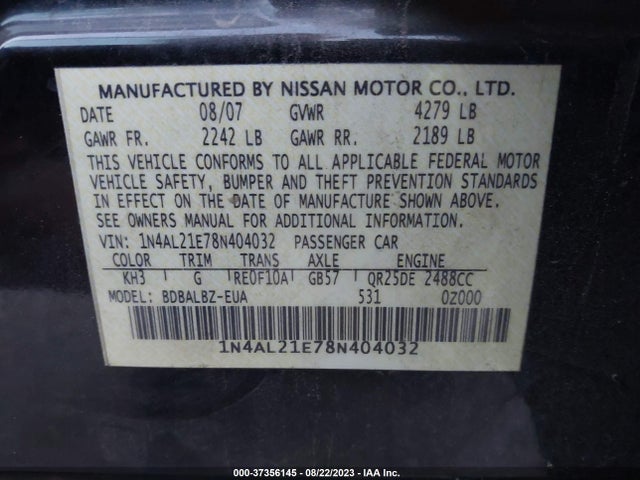 2008 NISSAN ALTIMA 2.5 S VIN: 1N4AL21E78N404032