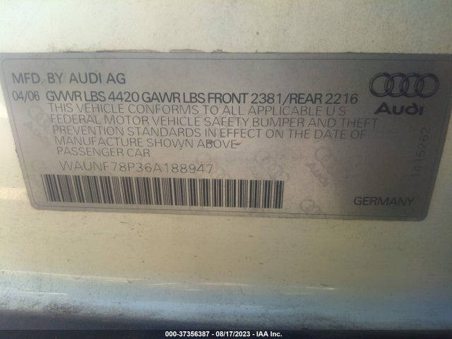 2006 AUDI A3 W/PREMIUM PKG VIN: WAUNF78P36A188947