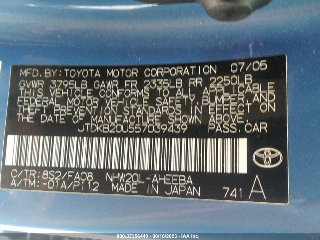 2005 TOYOTA PRIUS VIN: JTDKB20U557039439