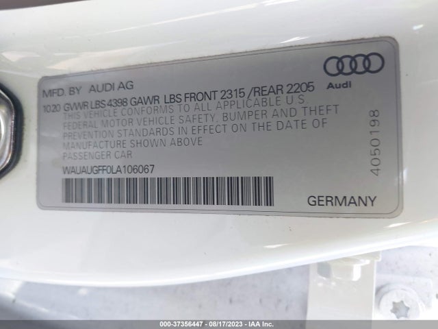 WAUAUGFF0LA106067 Audi A3 Sedan Premium