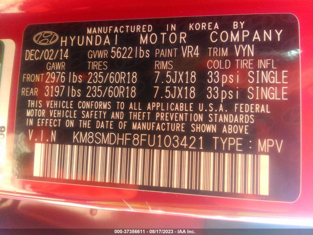 Hyundai Santa Fe Gls 2015 KM8SMDHF8FU103421 Image 9