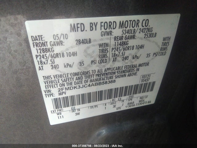 2010 FORD EDGE SEL VIN: 2FMDK3JC4ABB58388