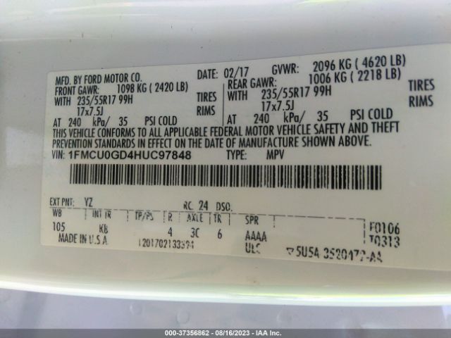 1FMCU0GD4HUC97848 Ford ESCAPE SE