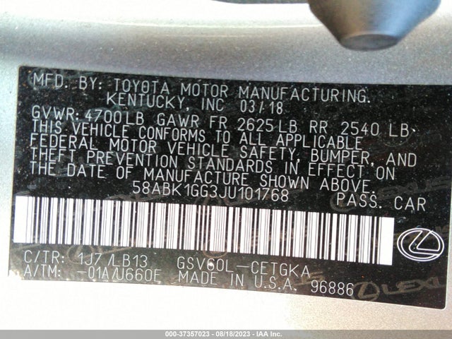 2018 Lexus ES, VIN: 58ABK1GG3JU101768