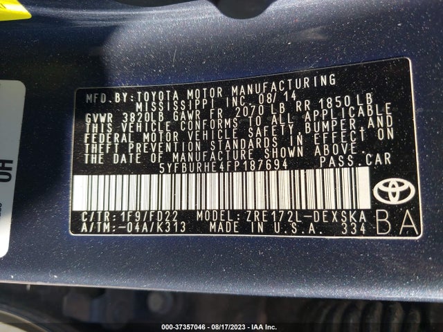 2015 TOYOTA COROLLA L/LE/S/S PLUS/LE PLUS VIN: 5YFBURHE4FP187694