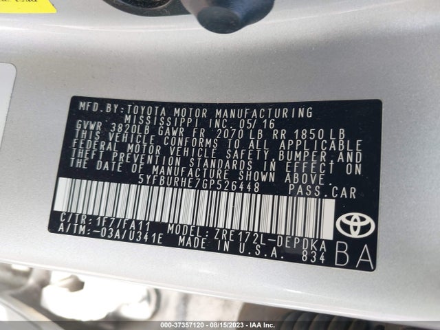 Toyota Corolla L/le/s/s Plus/le Plus 2016 5YFBURHE7GP526448 Image 15