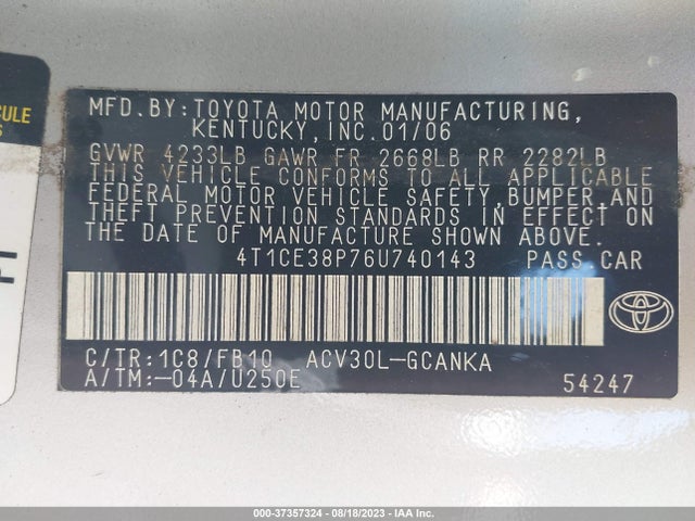 2006 TOYOTA CAMRY SOLARA SE/SPT/SLE VIN: 4T1CE38P76U740143