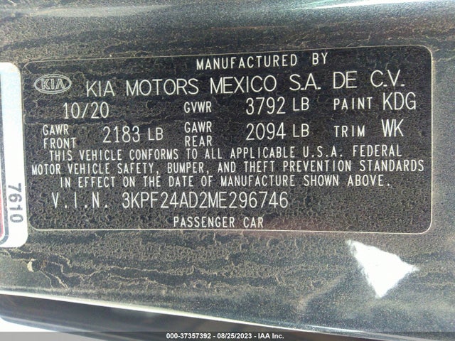 2021 KIA FORTE LXS VIN: 3KPF24AD2ME296746