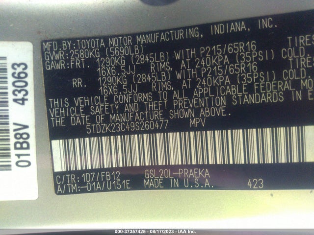 2009 TOYOTA SIENNA CE/LE VIN: 5TDZK23C49S260477