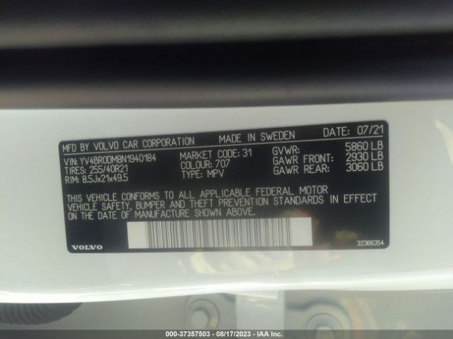 YV4BR0DM8N1940184 Volvo Xc60 Recharge Plug-in Hybrid T8 R-design