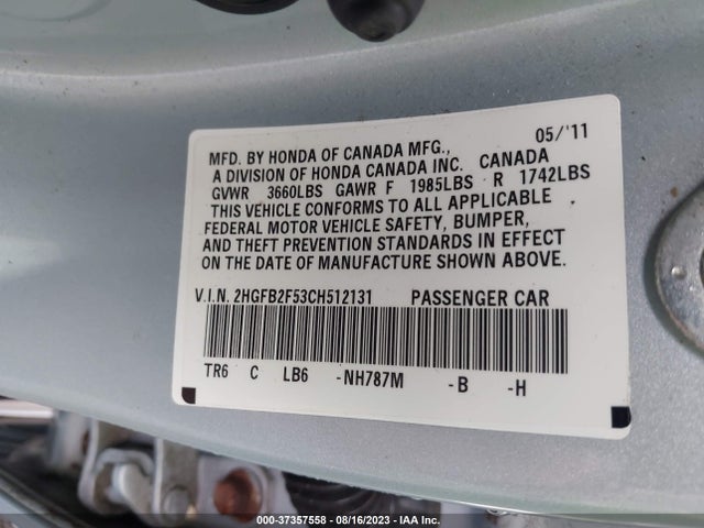 2012 HONDA CIVIC SDN LX VIN: 2HGFB2F53CH512131