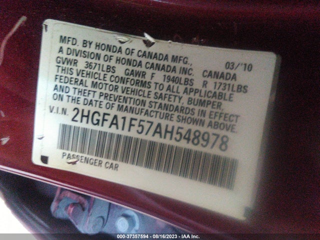2010 HONDA CIVIC SDN LX VIN: 2HGFA1F57AH548978