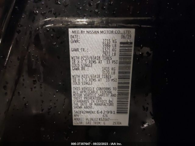 5N1DR2MM0KC642991 Nissan Pathfinder Sv