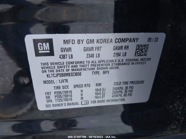 Chevrolet Trax Lt 2021 KL7CJPSB8MB323656 Image 9