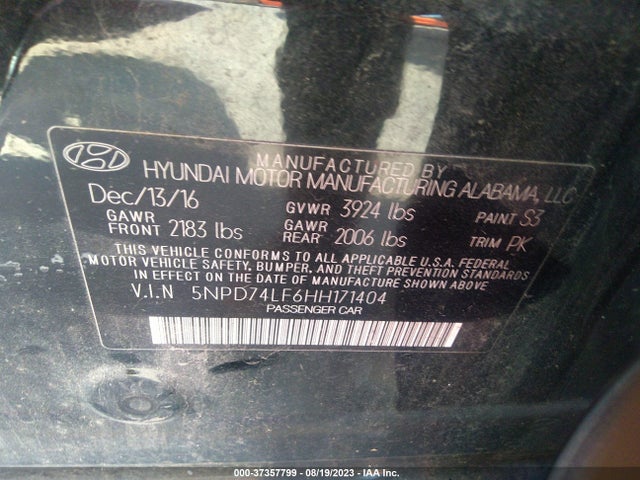2017 HYUNDAI ELANTRA SE VIN: 5NPD74LF6HH171404
