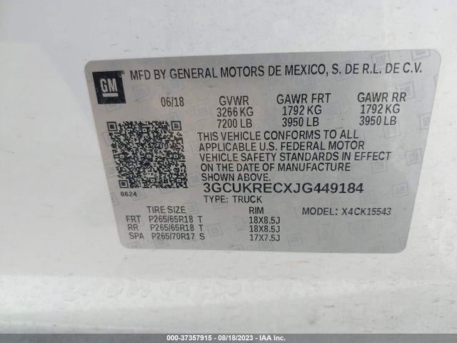2018 CHEVROLET SILVERADO 1500 LT VIN: 3GCUKRECXJG449184