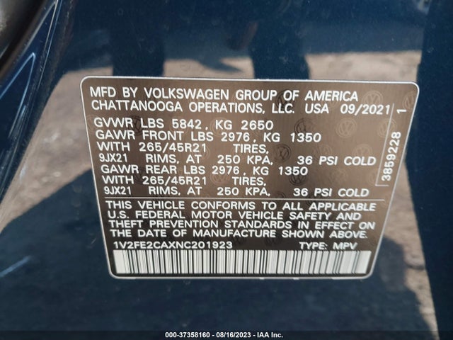 1V2FE2CAXNC201923 Volkswagen Atlas Cross Sport 3.6l V6 Sel Premium
