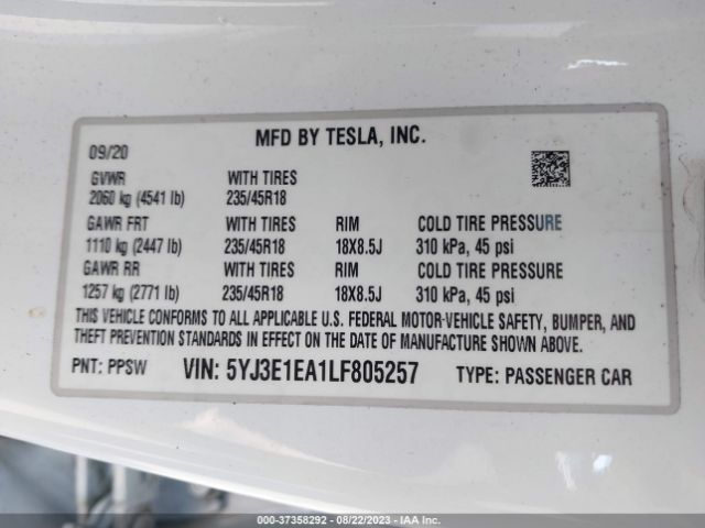 5YJ3E1EA1LF805257 Tesla Model 3 Standard Range Plus
