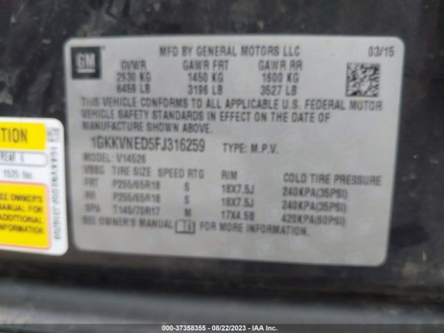 1GKKVNED5FJ316259 GMC ACADIA SLE