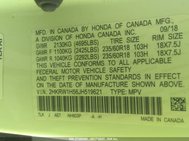 Honda CR-V EX 2018 2HKRW1H56JH519621 Image 9