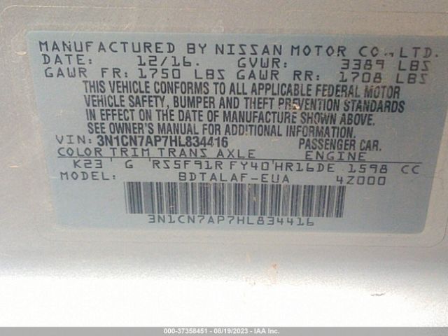 3N1CN7AP7HL834416 Nissan Versa Sedan S