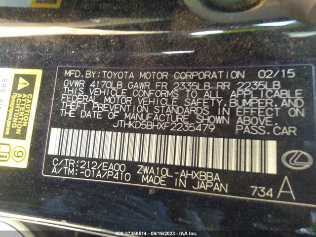 JTHKD5BHXF2235479 Lexus Ct 200h Hybrid
