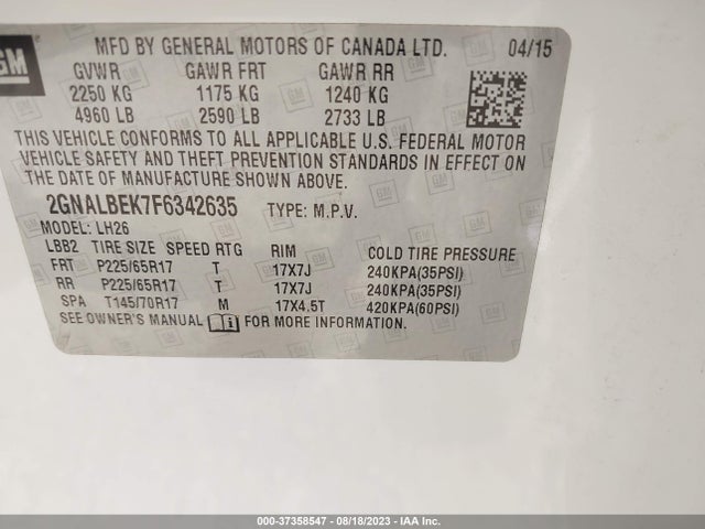 Chevrolet EQUINOX LT 2015 2GNALBEK7F6342635 Image 15