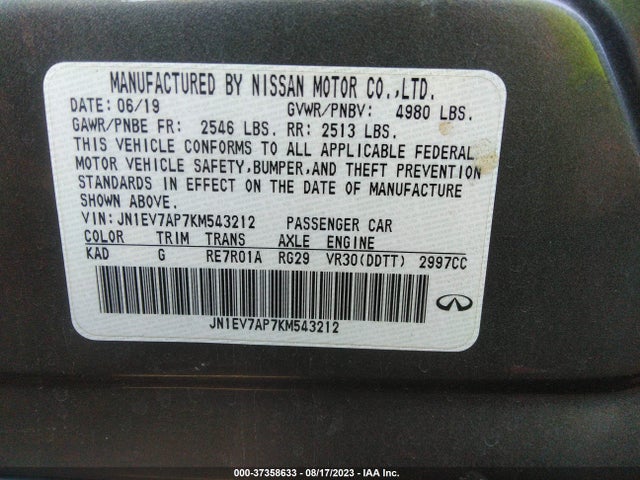 JN1EV7AP7KM543212 Infiniti Q50 3.0t Luxe