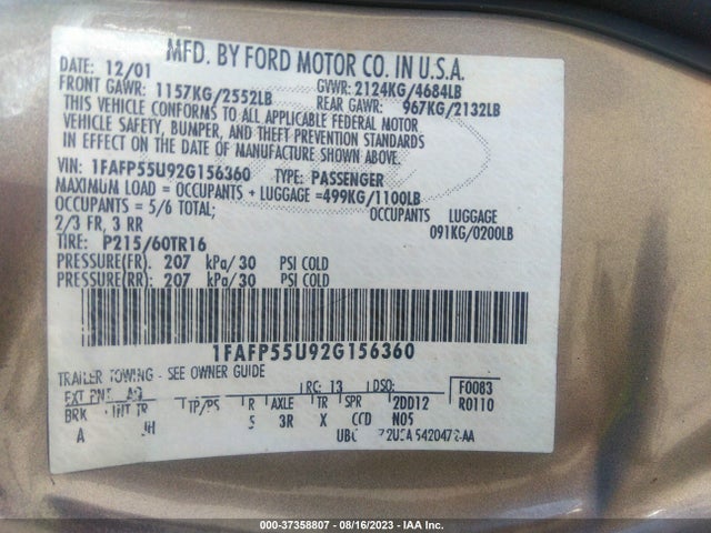 Auction sale of the 2002 Ford Taurus Ses, vin: 1FAFP55U92G156360, lot number: 37358807