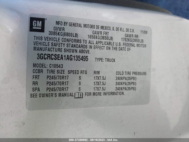 2010 CHEVROLET SILVERADO 1500 LT VIN: 3GCRCSEA1AG135495