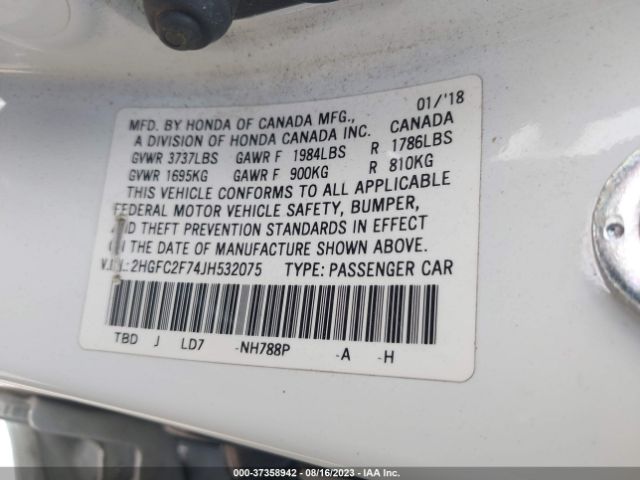 2HGFC2F74JH532075 Honda Civic Sedan Ex