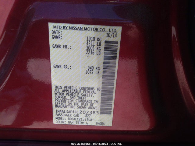 Nissan Altima 2.5 S 2015 1N4AL3AP4FC207383 Image 9