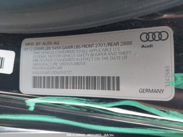 2013 AUDI A7 3.0T PREMIUM VIN: WAU2GAFC0DN053721