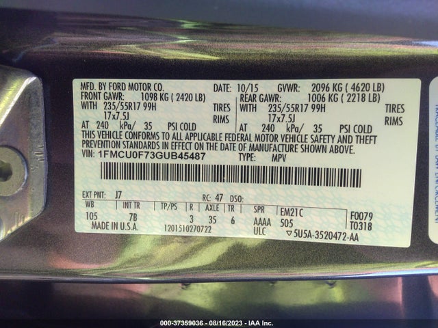 2016 FORD ESCAPE S VIN: 1FMCU0F73GUB45487