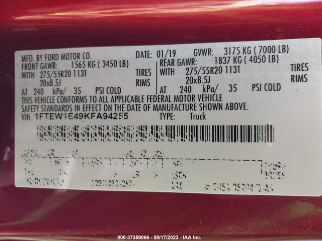 2019 FORD F-150 XL/XLT/LARIAT VIN: 1FTEW1E49KFA94255