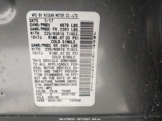 JN8AT2MV2HW281308 Nissan Rogue Sl