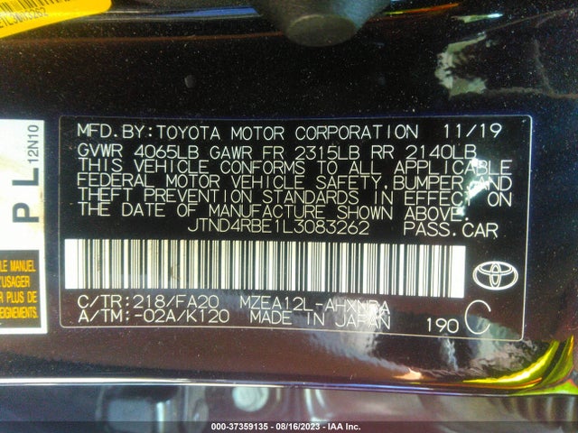 2020 TOYOTA COROLLA HATCHBACK SE/XSE/NIGHTSHADE VIN: JTND4RBE1L3083262
