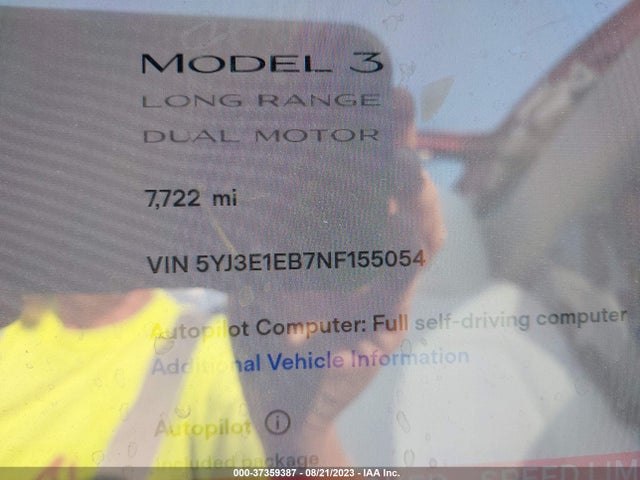 2022 TESLA MODEL 3 LONG RANGE VIN: 5YJ3E1EB7NF155054