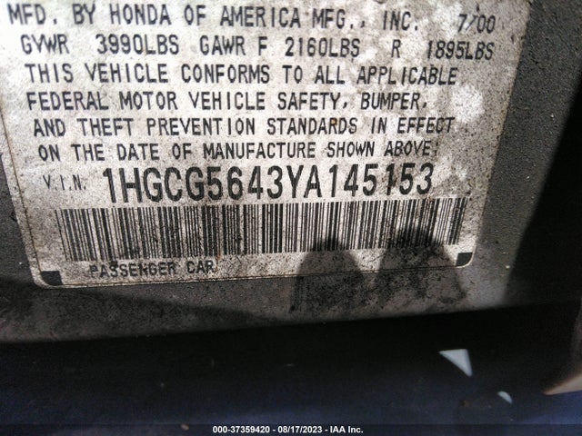 2000 HONDA ACCORD SDN LX VIN: 1HGCG5643YA145153