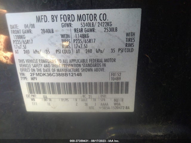 2008 FORD EDGE SE VIN: 2FMDK36C38BB12148