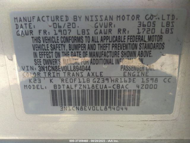 3N1CN8EV0LL894044 Nissan VERSA SV