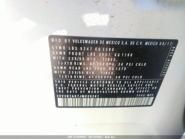 3VV3B7AX7JM039261 Volkswagen Tiguan Sel/se