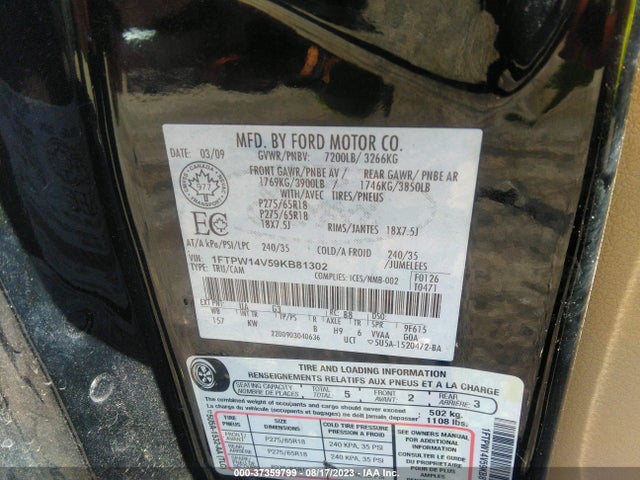 2009 FORD F-150 XL/XLT/FX4/LARIAT VIN: 1FTPW14V59KB81302