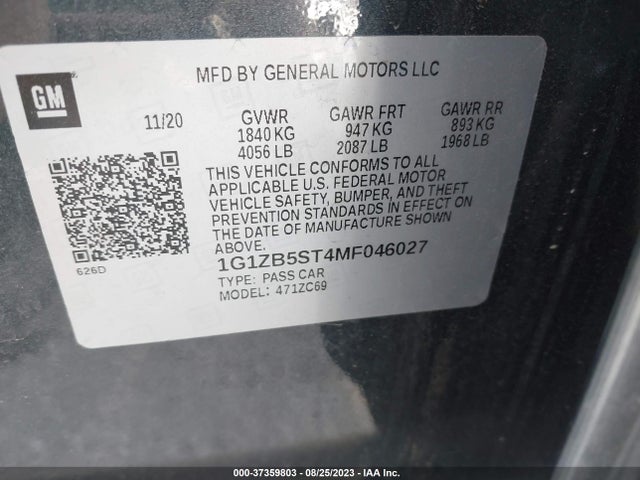 2021 CHEVROLET MALIBU LS VIN: 1G1ZB5ST4MF046027