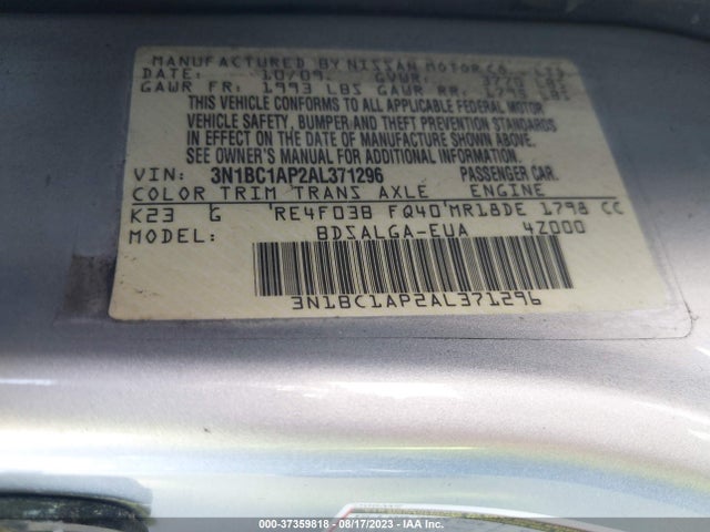 2010 NISSAN VERSA 1.8 SL VIN: 3N1BC1AP2AL371296